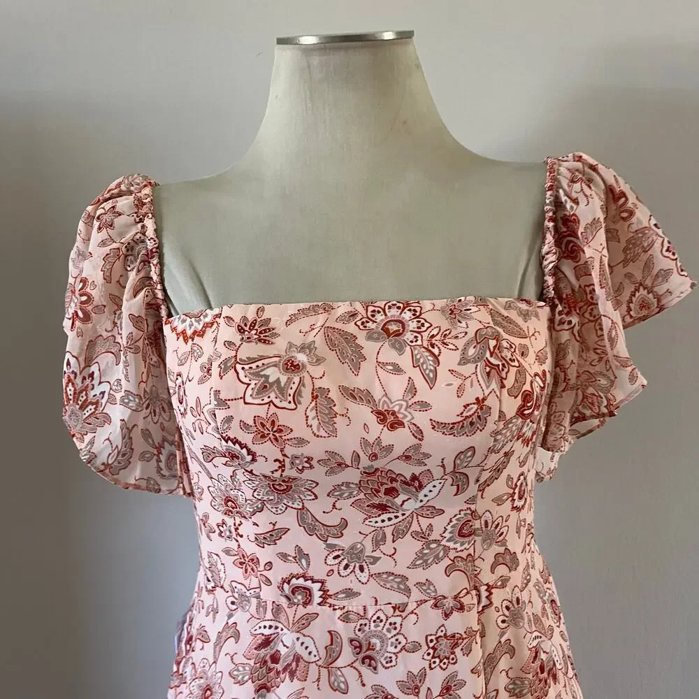NWT Pink Floral Print Puff Sleeve Cottage Core Bridesmaid Wedding Guest Dress 6 - Picture 4 of 9